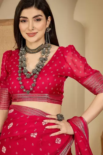 Women's rani  chiffon bandhani saree with unstitched blouse piece