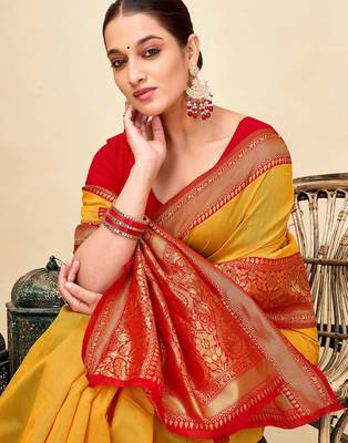 yellow silk blend banarasi saree with blouse  2