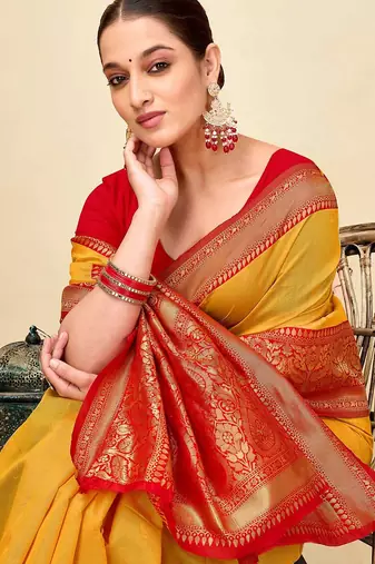 yellow silk blend banarasi saree with blouse 
