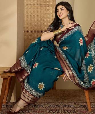 Women's teal chiffon printed saree with unstitched blouse piece 2