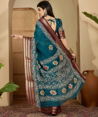 Women's teal chiffon printed saree with unstitched blouse piece 3