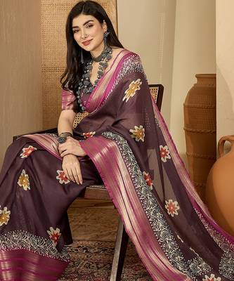 Women's mauve chiffon printed saree with unstitched blouse piece 1