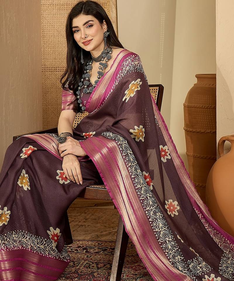 Women's mauve chiffon printed saree with unstitched blouse piece