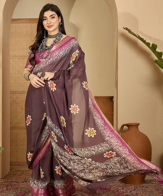 Women's mauve chiffon printed saree with unstitched blouse piece 2