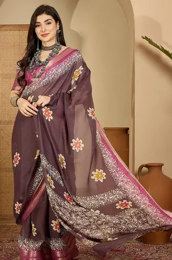Women's mauve chiffon printed saree with unstitched blouse piece
