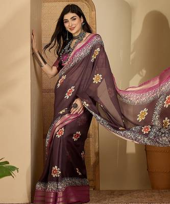 Women's mauve chiffon printed saree with unstitched blouse piece 3