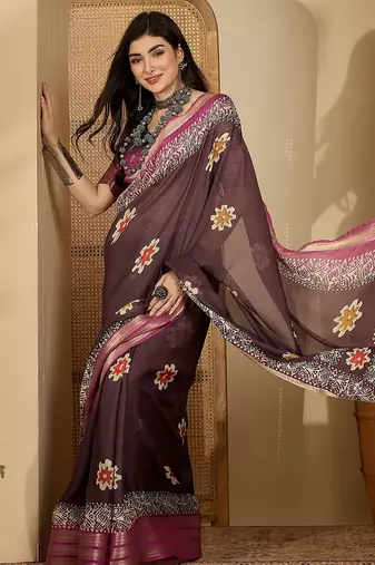 Women's mauve chiffon printed saree with unstitched blouse piece