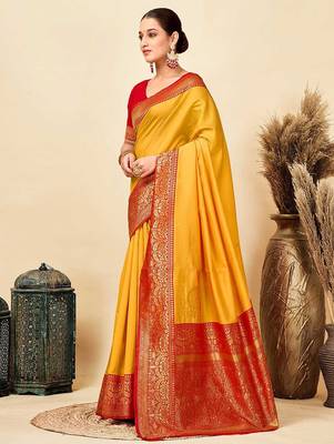 yellow silk blend banarasi saree with blouse  3