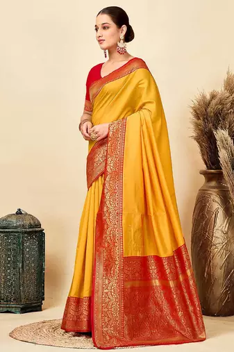 yellow silk blend banarasi saree with blouse 