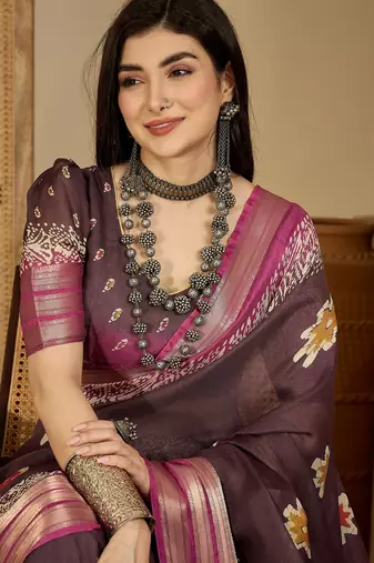 Women's mauve chiffon printed saree with unstitched blouse piece