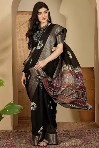 Women's black chiffon printed saree with unstitched blouse piece