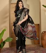 Women's black chiffon printed saree with unstitched blouse piece