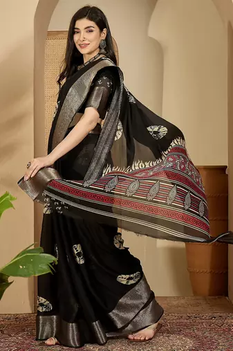 Women's black chiffon printed saree with unstitched blouse piece