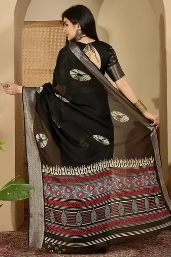 Women's black chiffon printed saree with unstitched blouse piece