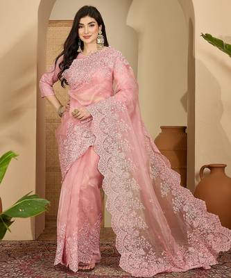 Women's pink organza embroidered saree with unstitched blouse piece 1