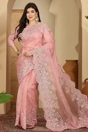 Women's pink organza embroidered saree with unstitched blouse piece