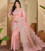 Women's pink organza embroidered saree with unstitched blouse piece