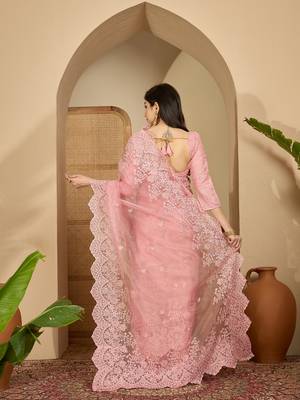 Women's pink organza embroidered saree with unstitched blouse piece 2