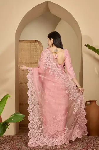 Women's pink organza embroidered saree with unstitched blouse piece