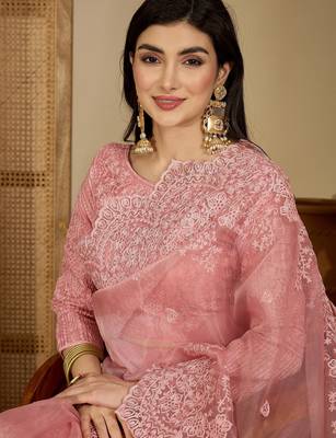 Women's pink organza embroidered saree with unstitched blouse piece 3