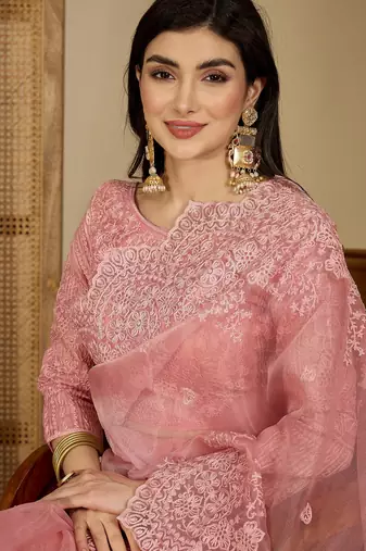 Women's pink organza embroidered saree with unstitched blouse piece