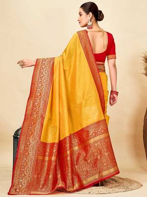 yellow silk blend banarasi saree with blouse  4