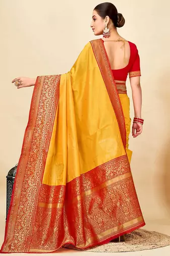 yellow silk blend banarasi saree with blouse 