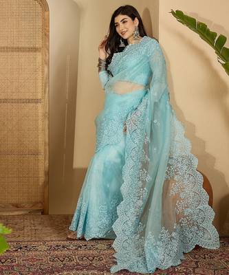 Women's blue organza embroidered saree with unstitched blouse piece 1