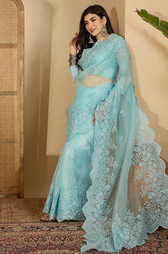 Women's blue organza embroidered saree with unstitched blouse piece