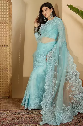 Women's blue organza embroidered saree with unstitched blouse piece