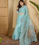 Women's blue organza embroidered saree with unstitched blouse piece