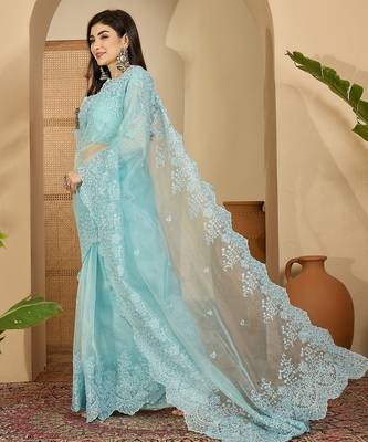 Women's blue organza embroidered saree with unstitched blouse piece 2