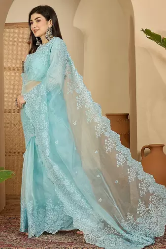Women's blue organza embroidered saree with unstitched blouse piece