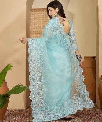Women's blue organza embroidered saree with unstitched blouse piece 3