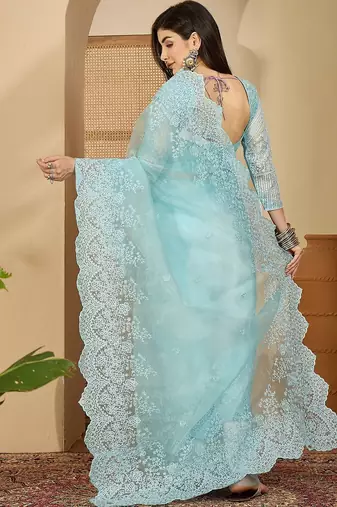 Women's blue organza embroidered saree with unstitched blouse piece