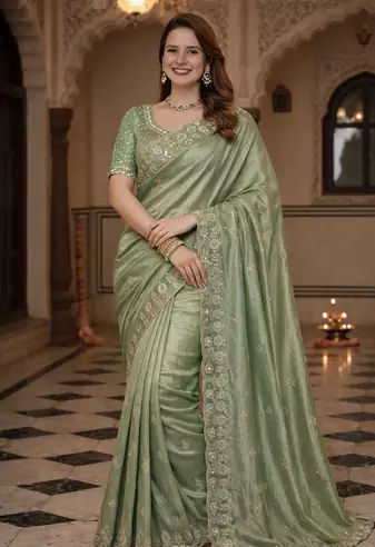 Green Color Fancy Designer Satin Silk Saree