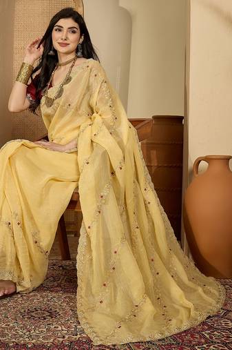 Women's yellow chiffon embroidered saree with unstitched blouse piece
