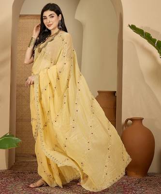 Women's yellow chiffon embroidered saree with unstitched blouse piece 2