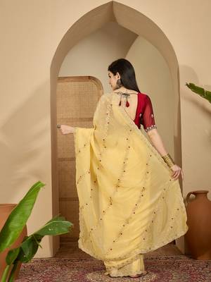 Women's yellow chiffon embroidered saree with unstitched blouse piece 3