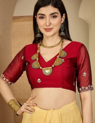 Women's yellow chiffon embroidered saree with unstitched blouse piece 4