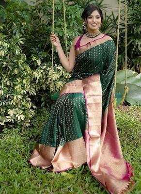 green silk blend banarasi saree with blouse  2
