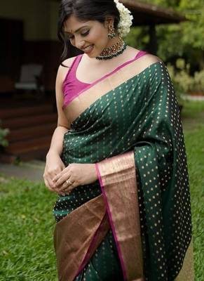 green silk blend banarasi saree with blouse  3