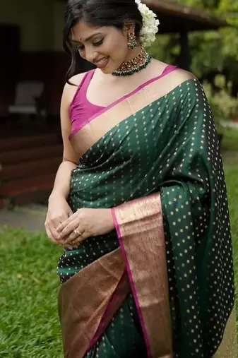 green silk blend banarasi saree with blouse 