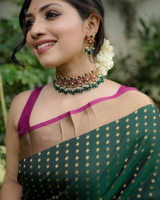 green silk blend banarasi saree with blouse  4