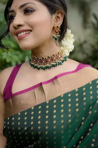 green silk blend banarasi saree with blouse 