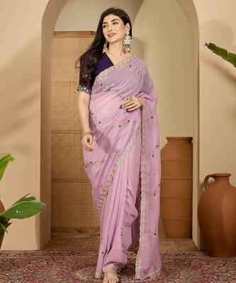 Women's lavender chiffon embroidered saree with unstitched blouse piece 1