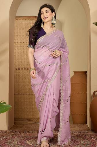 Women's lavender chiffon embroidered saree with unstitched blouse piece
