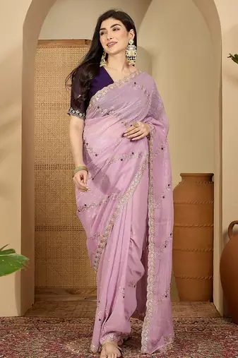 Women's lavender chiffon embroidered saree with unstitched blouse piece
