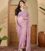 Women's lavender chiffon embroidered saree with unstitched blouse piece