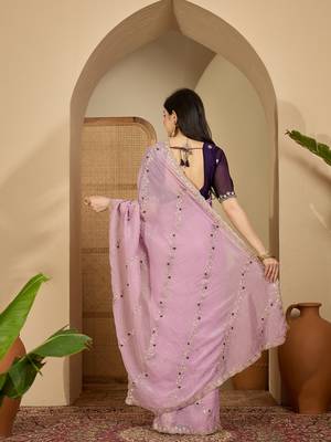 Women's lavender chiffon embroidered saree with unstitched blouse piece 2